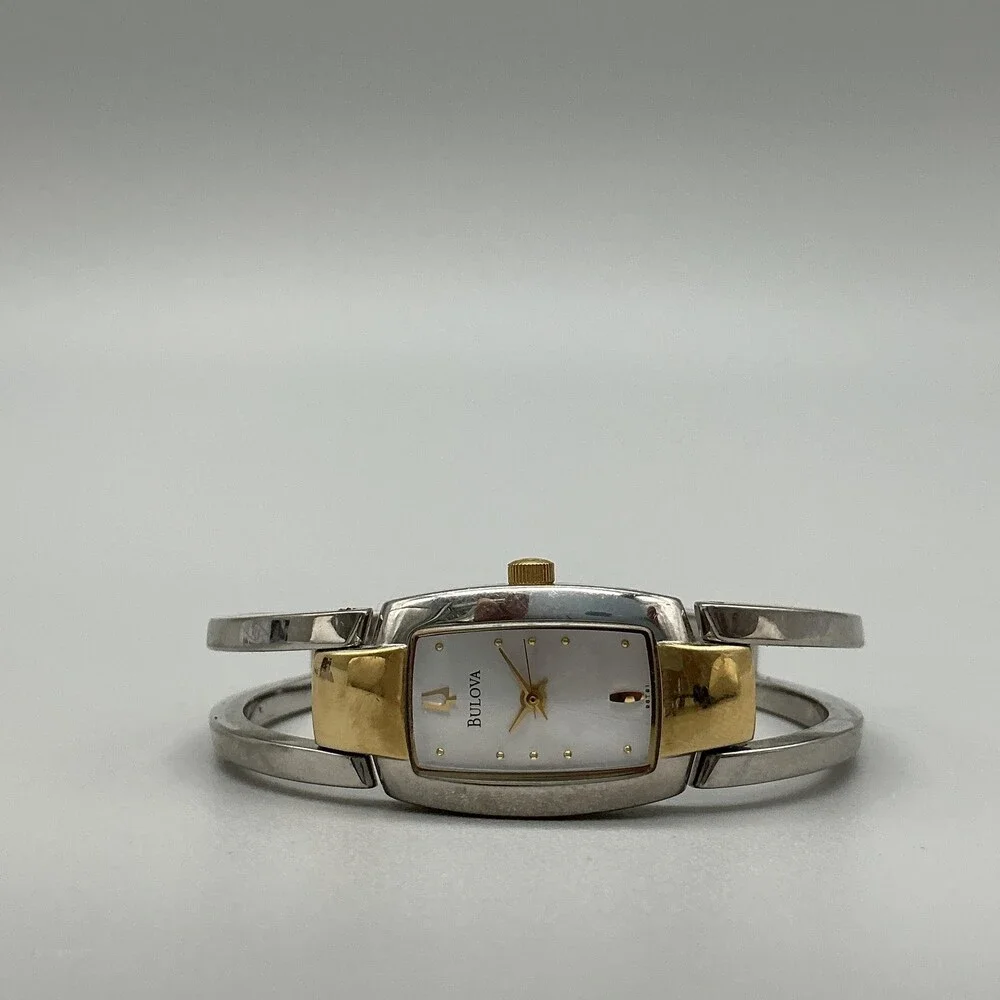 Bulova Womens Watch 17mm Two Tone Bangle Stainless Steel 98T81 New Battery 5.75